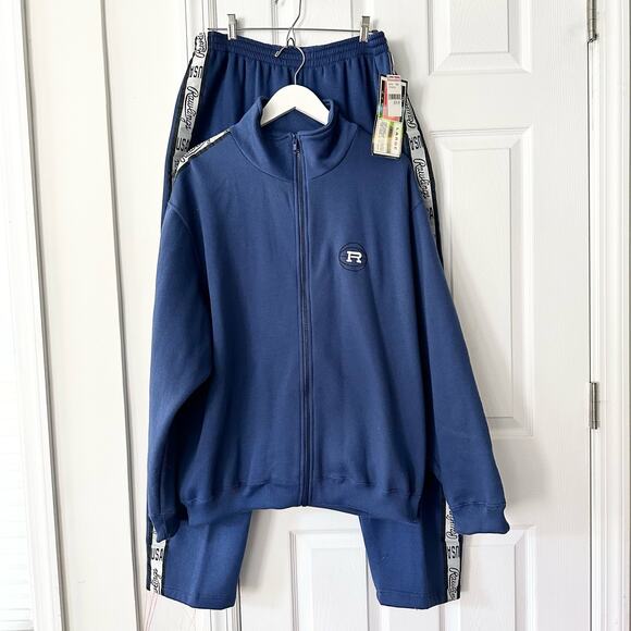 Rawlings NOS Navy Blue Spell Out Track Stripe Full Zip Jacket Sweatpants Set Lrg - Picture 1 of 15